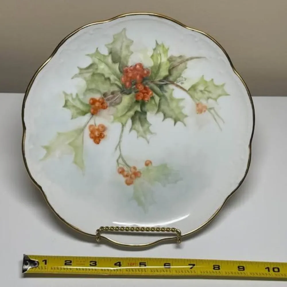 Vintage Hand-Painted Holly and Berry Porcelain Plate Signed 1980